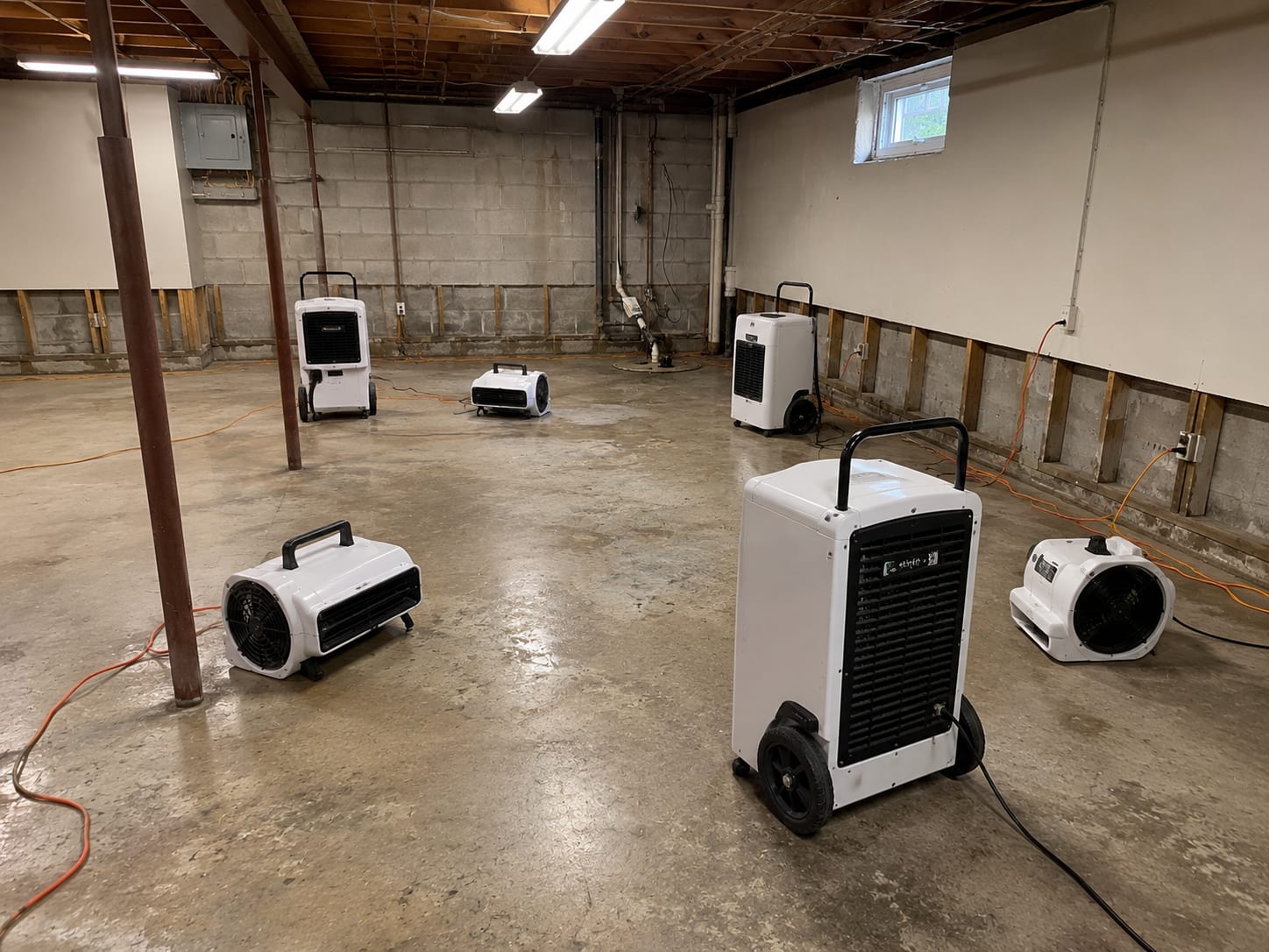 Array of white dehumidifiers and air movers arranged across a damp basement floor during structural drying