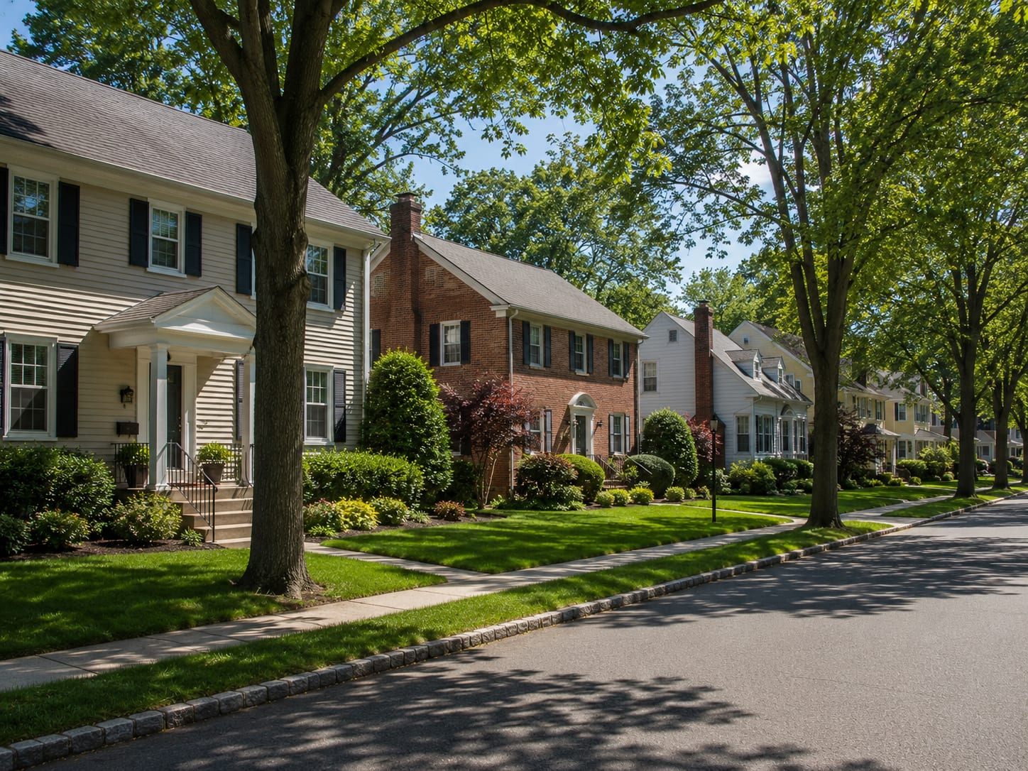 A quiet residential street of New Jersey colonial and cape-style homes with mature trees on a clear day, representing the communities served for basement mold remediation