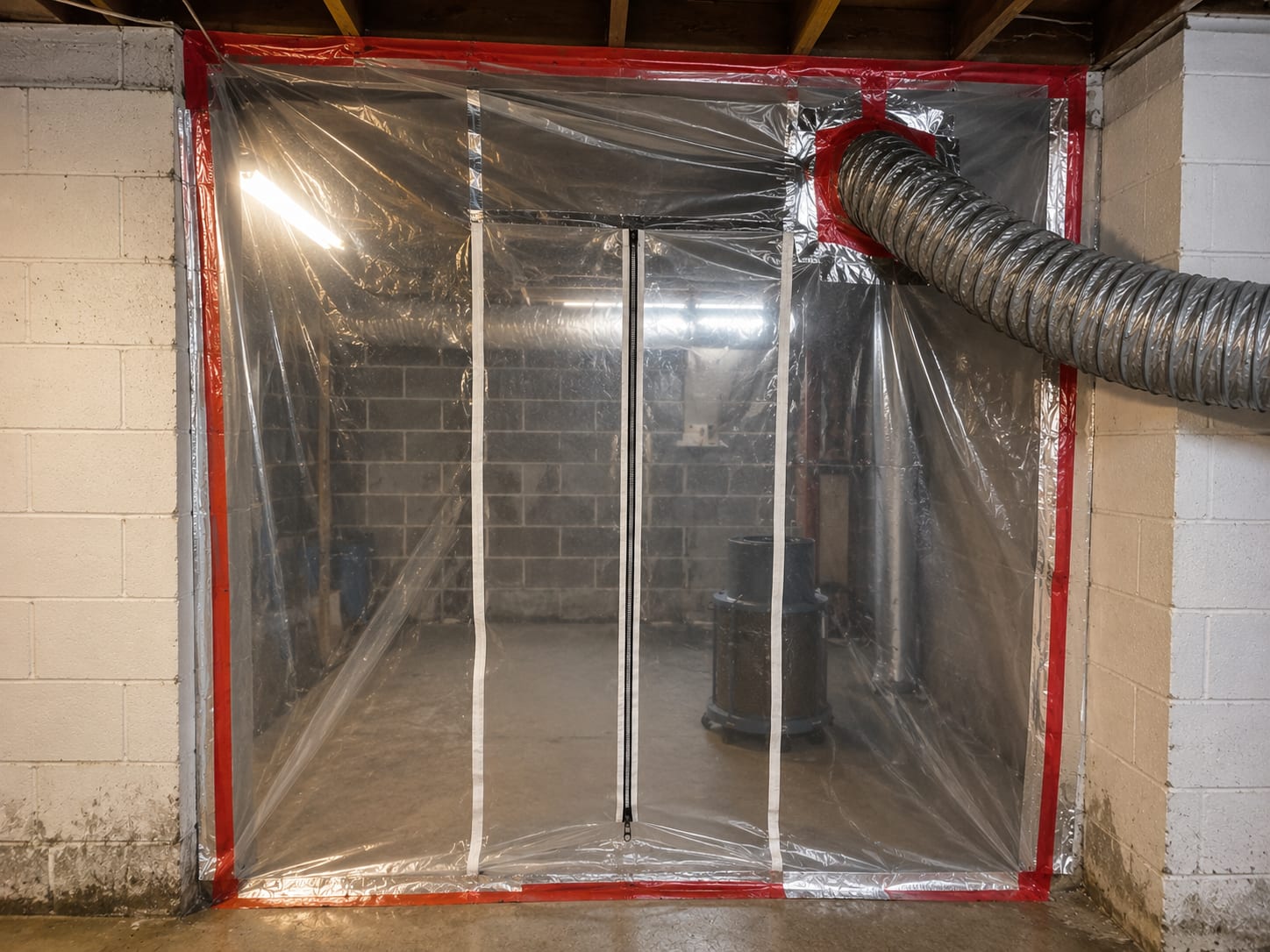 Heavy-gauge poly containment barrier sealed across an unfinished basement doorway and ceiling joists with zipper entry panel, negative-air duct running through the plastic, concrete block walls visible inside the contained zone