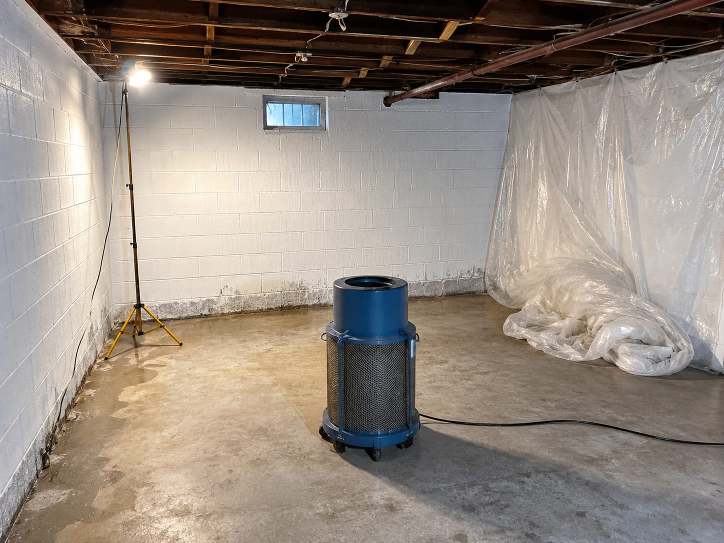 Remediated basement interior with bare concrete block walls treated white, clean concrete floor, industrial HEPA air scrubber unit standing near center, plastic containment sheeting pulled back to reveal completed work area