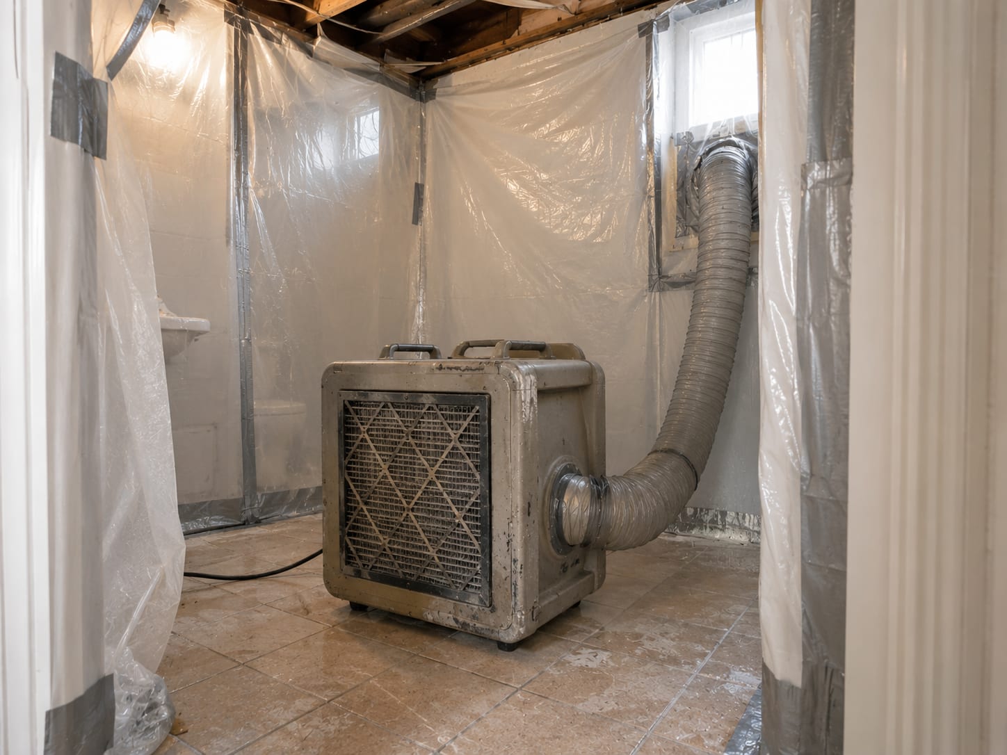 Portable HEPA negative-air scrubber unit staged inside a plastic-sheeted bathroom containment zone during active mold remediation