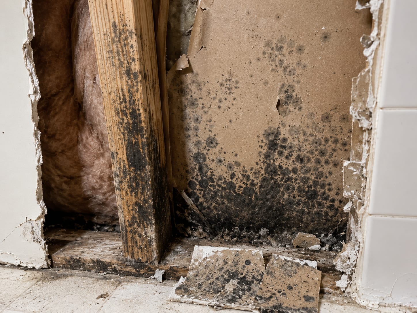 Opened bathroom wall cavity revealing dark mold colonies on drywall paper backing and wood stud framing before remediation treatment