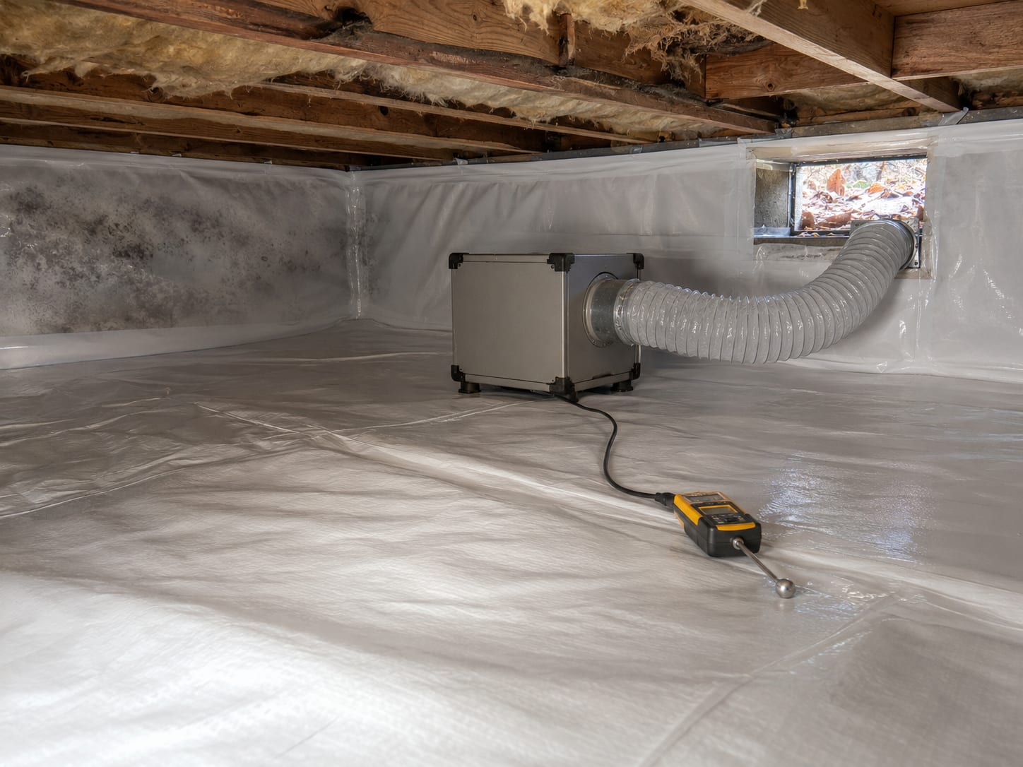 Residential crawl space in a New Jersey colonial home encapsulated with white polyethylene vapor barrier sheeting and sealed containment walls, with a small HEPA air scrubber unit and flexible ducting visible running toward a foundation vent
