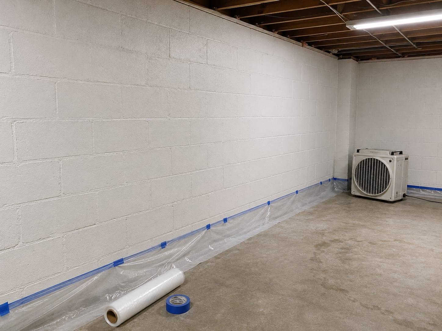Remediated basement wall in a New Jersey home showing clean white drywall surface after black mold removal, with polyethylene containment sheeting still in place along the perimeter and a HEPA negative-air scrubber unit visible in the corner