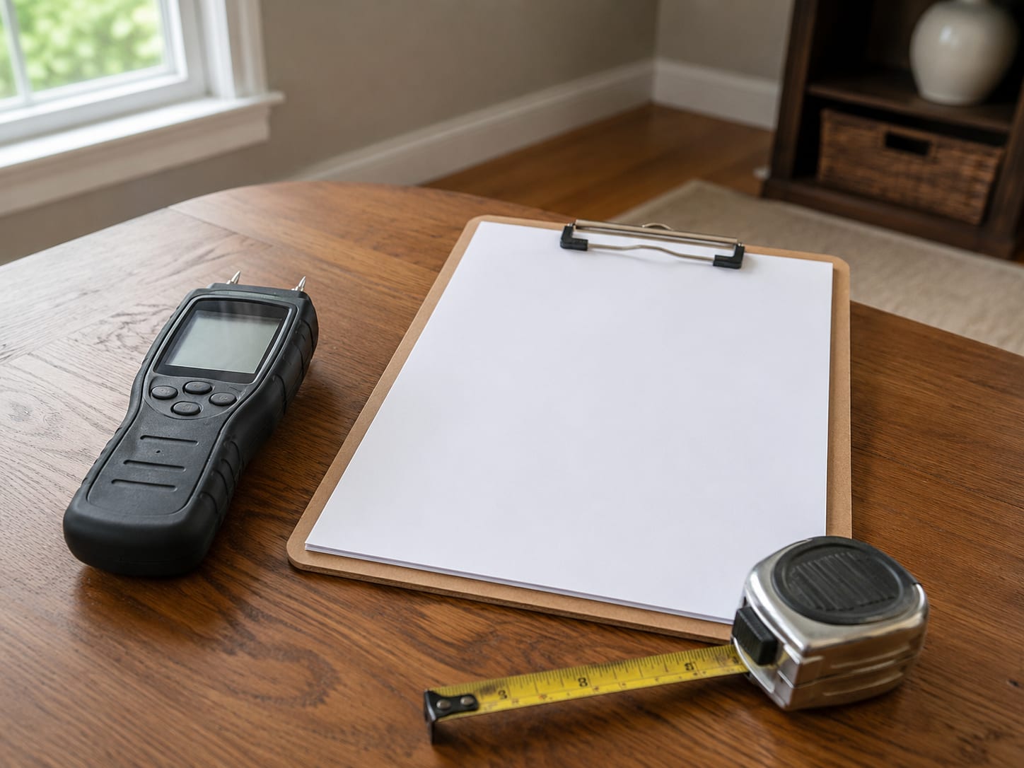 A moisture meter and a blank clipboard resting on a clean table in a New Jersey home, representing a documented black mold removal scope and cost assessment