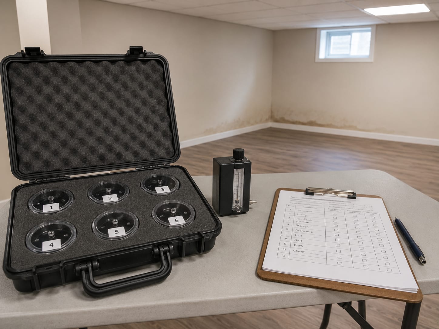 Organized black mold testing field kit laid out on a folding table showing labeled sample cassettes, a pump calibration unit, and a clipboard with an inspection form