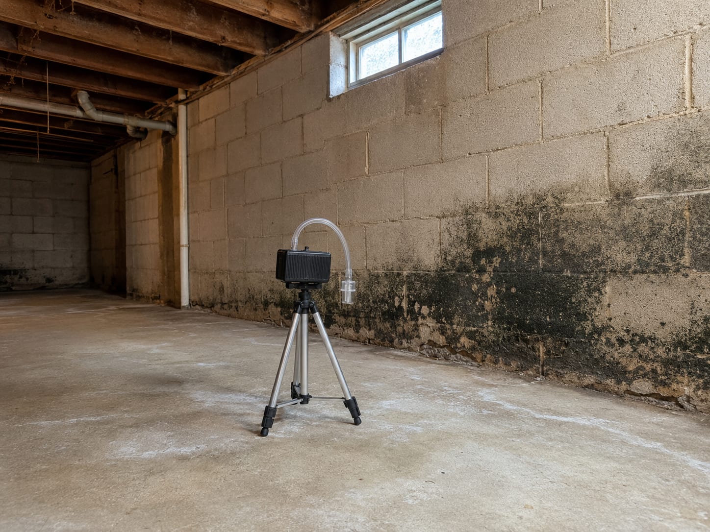Air sampling pump on tripod positioned in unfinished basement near dark-stained concrete block wall with visible black mold colonization