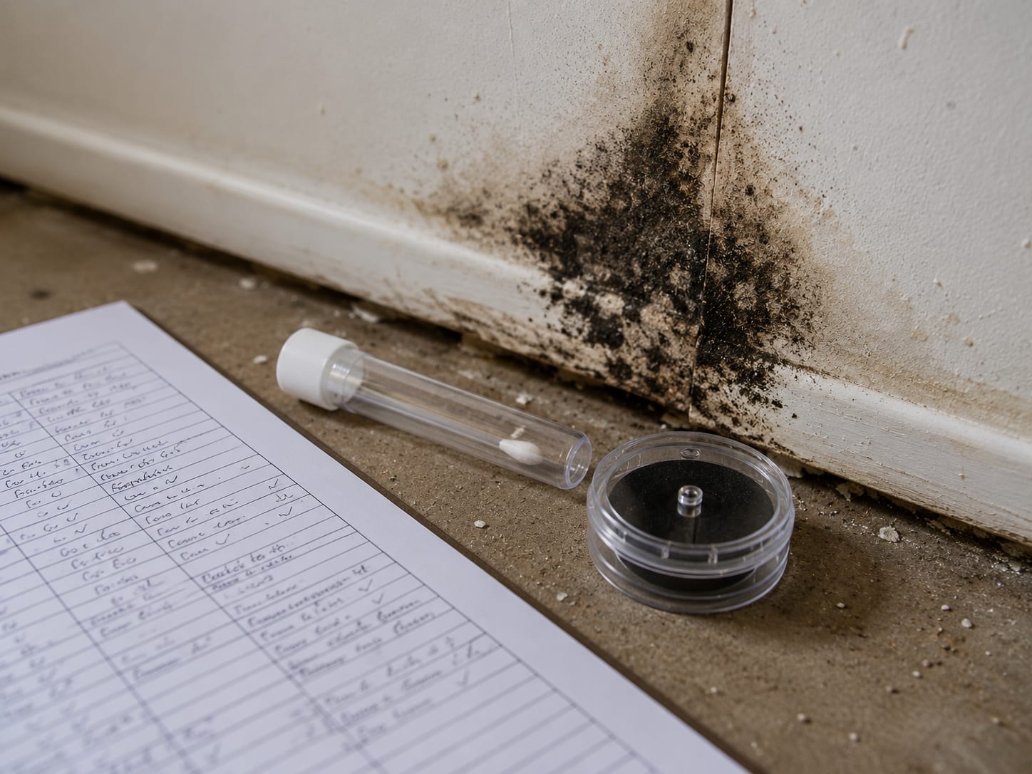 Close-up of a sterile surface swab sample tube and sealed cassette resting on a dark mold-stained drywall surface beside a written inspection log