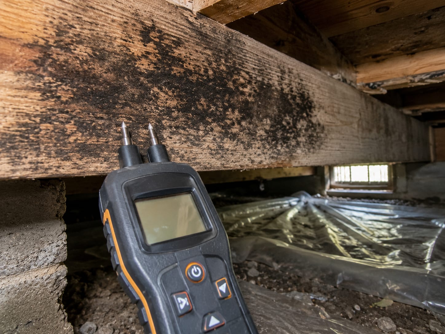Digital moisture meter probe pressed against a wood floor joist in a low crawl space showing black mold growth on framing lumber