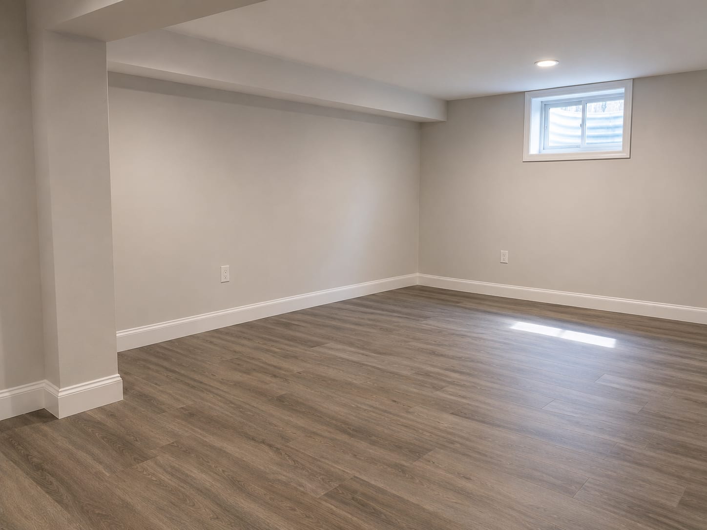 Freshly finished basement room in a New Jersey colonial home showing new drywall, painted walls, and clean flooring after mold remediation build-back work