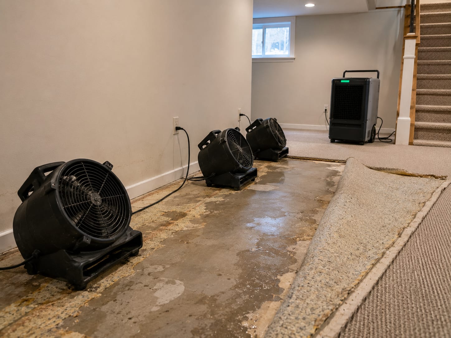 Row of axial air mover fans positioned along a finished basement wall with dehumidifier targeting wet carpet pad removal area