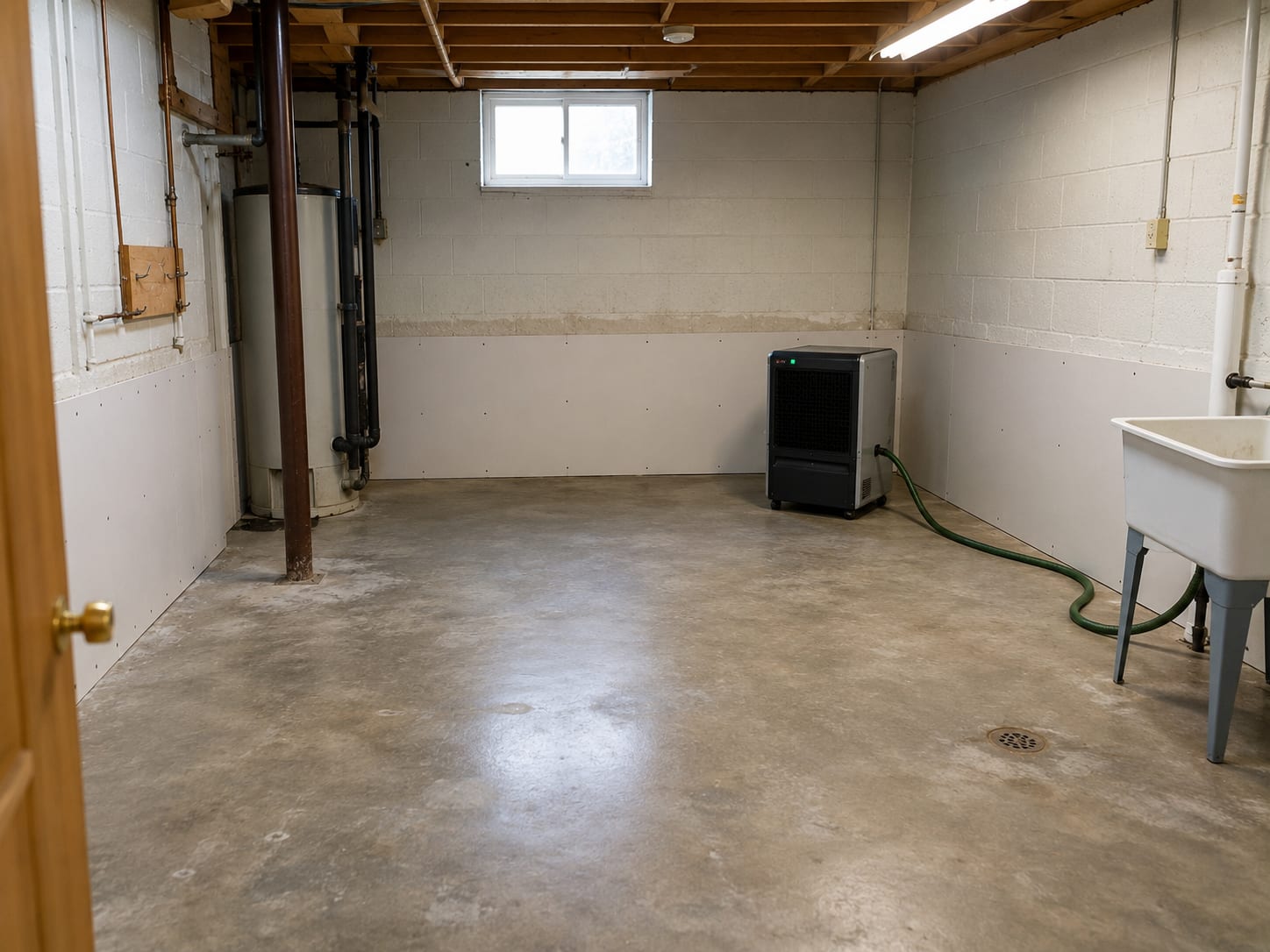 Dried and restored basement utility room after burst pipe water damage with clean concrete floor and dehumidifier running