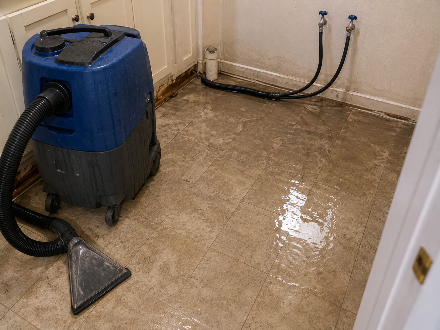 Portable water extraction vacuum unit on wet laundry room tile floor with standing water residue around washing machine hookups