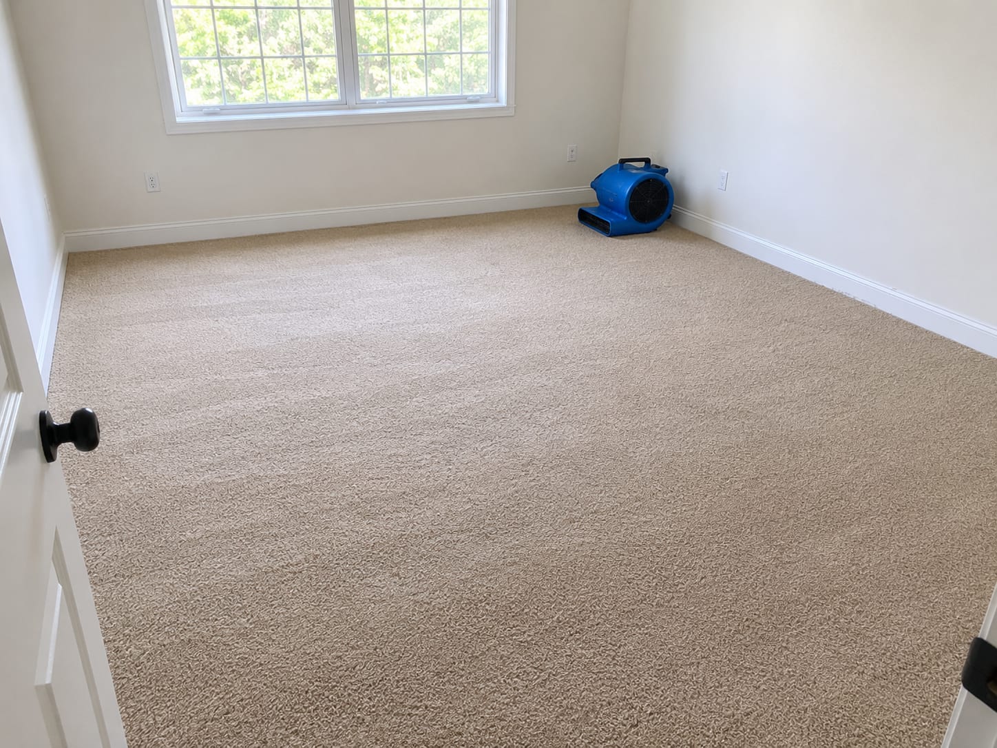 A dry fully restored tan residential carpet in a New Jersey home with a single air mover remaining in the corner and no visible moisture damage, representing a completed extraction job