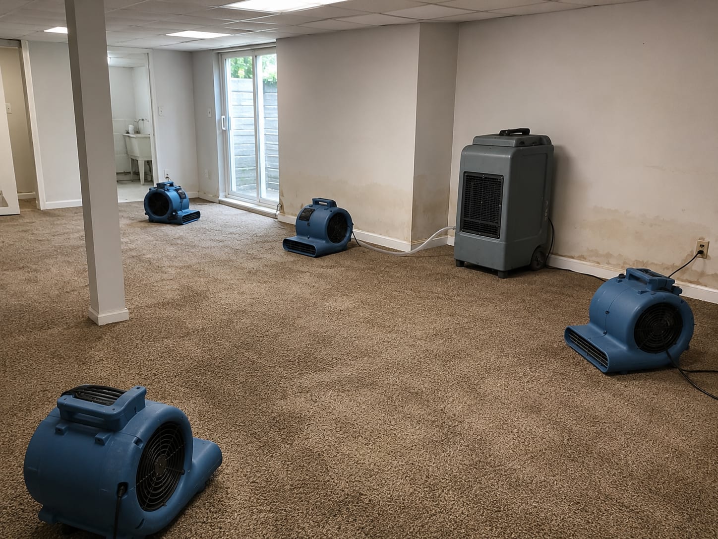 View of a New Jersey finished basement with damp carpet, multiple axial air movers aimed at the floor, and a large dehumidifier with a digital readout panel operating near the wall