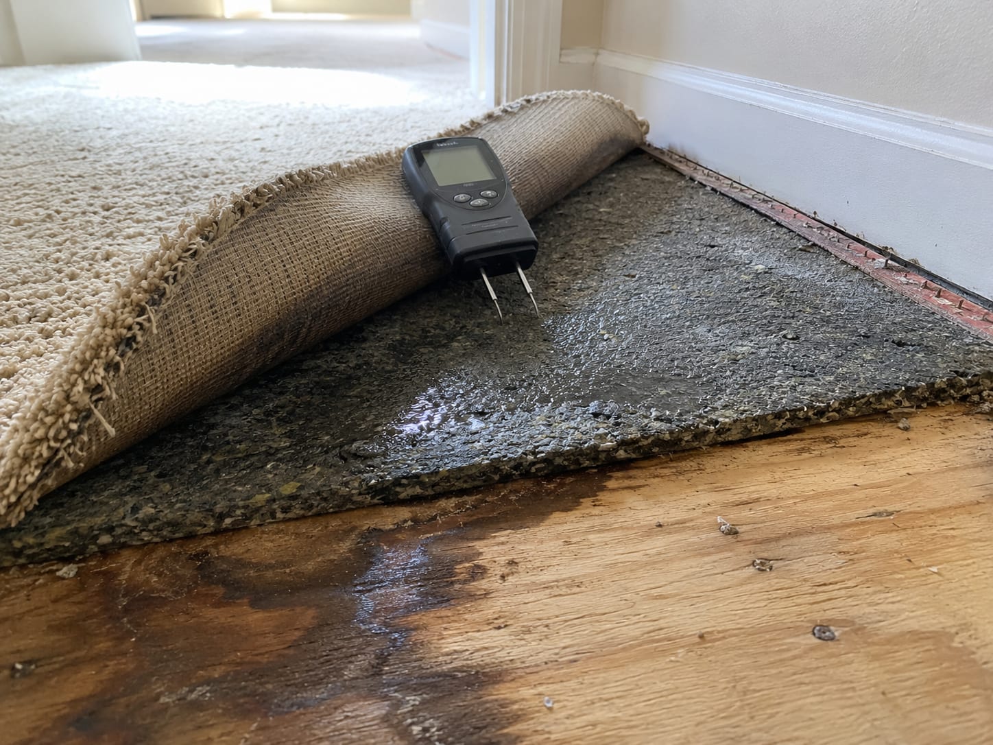 A pin-type moisture meter inserted into a pulled-back section of wet beige carpet revealing a saturated grey foam pad beneath, with a digital readout visible on the meter body