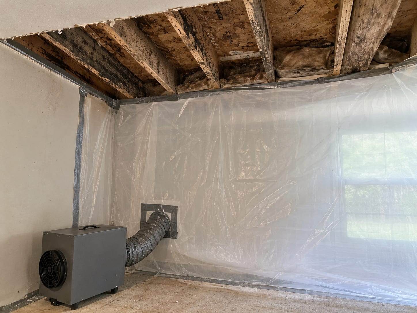 Ceiling remediation containment zone with plastic sheeting barrier and HEPA negative air scrubber unit in a New Jersey home interior
