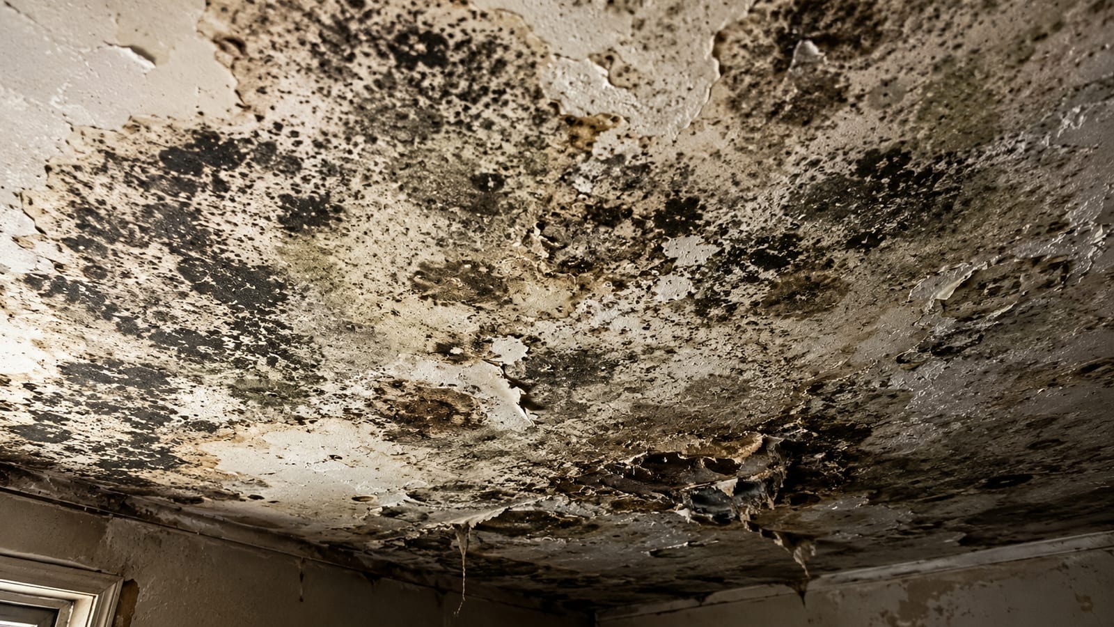 Digital moisture meter probe pressed against a discolored ceiling drywall surface showing elevated reading in a New Jersey home
