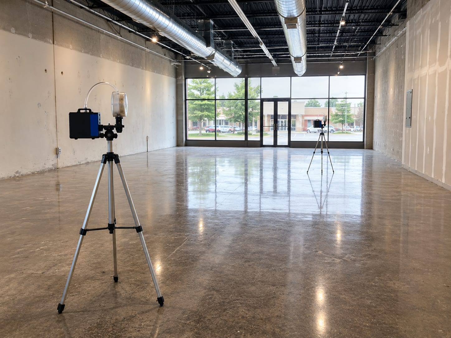 Two air sampling pumps on tripods positioned at opposite ends of a vacant commercial retail space with exposed ductwork overhead and polished concrete floors