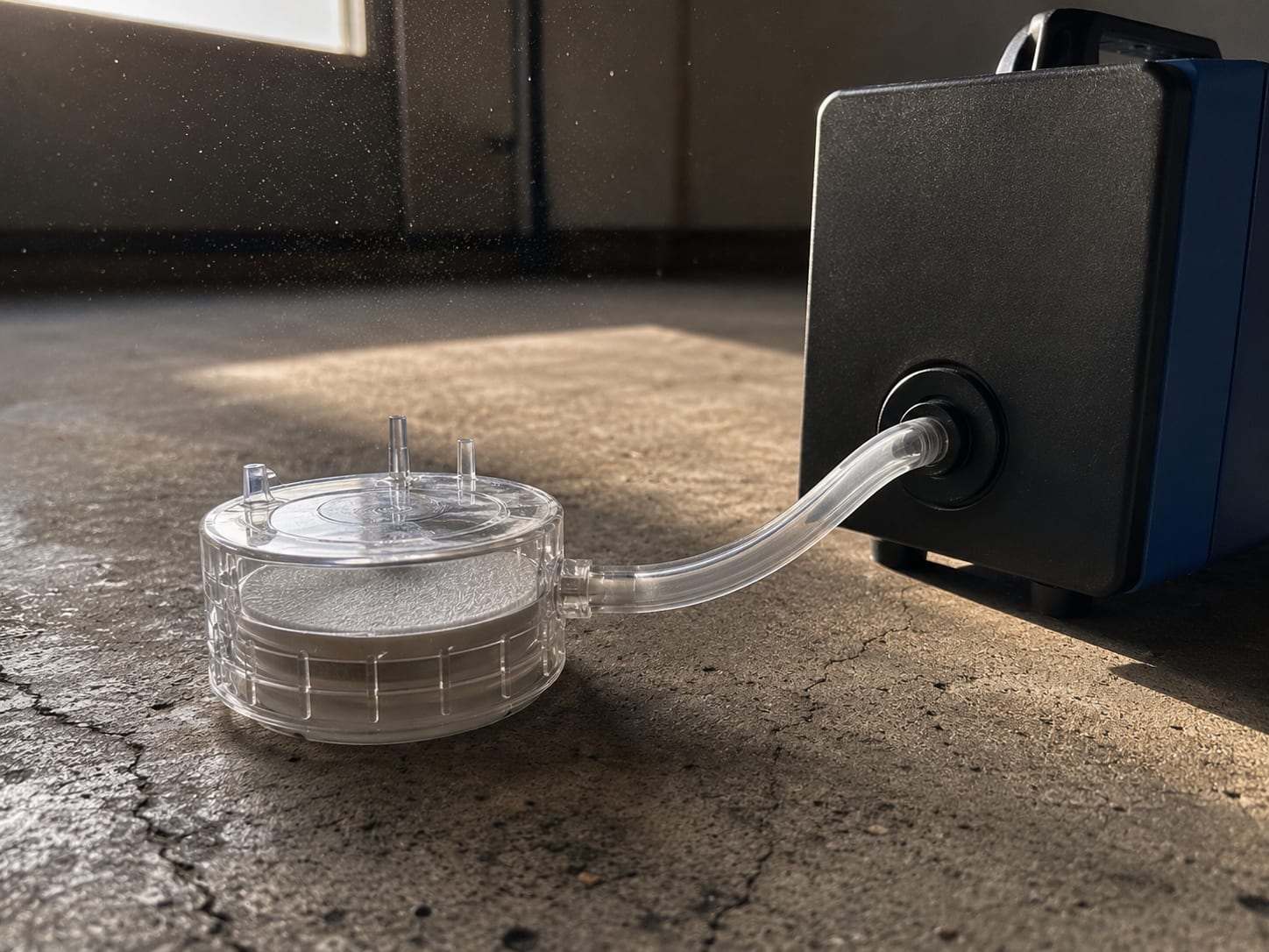 Macro close-up of a spore trap cassette and pump inlet resting on a concrete warehouse floor with dust particles visible in raking side light