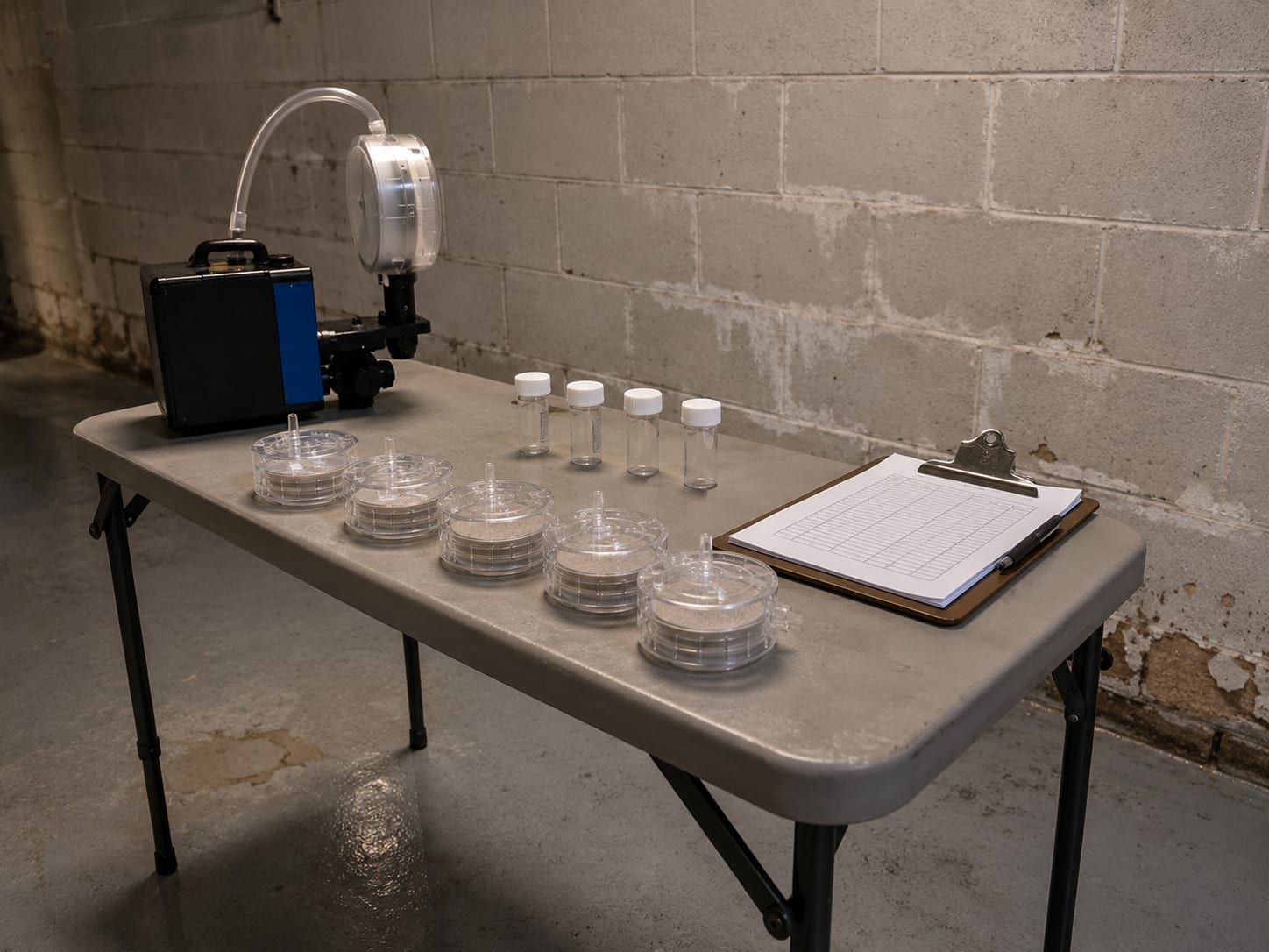 Sealed cassette sample vials lined up on a folding table inside a commercial basement space next to an air sampling pump with a clipboard and field notes nearby