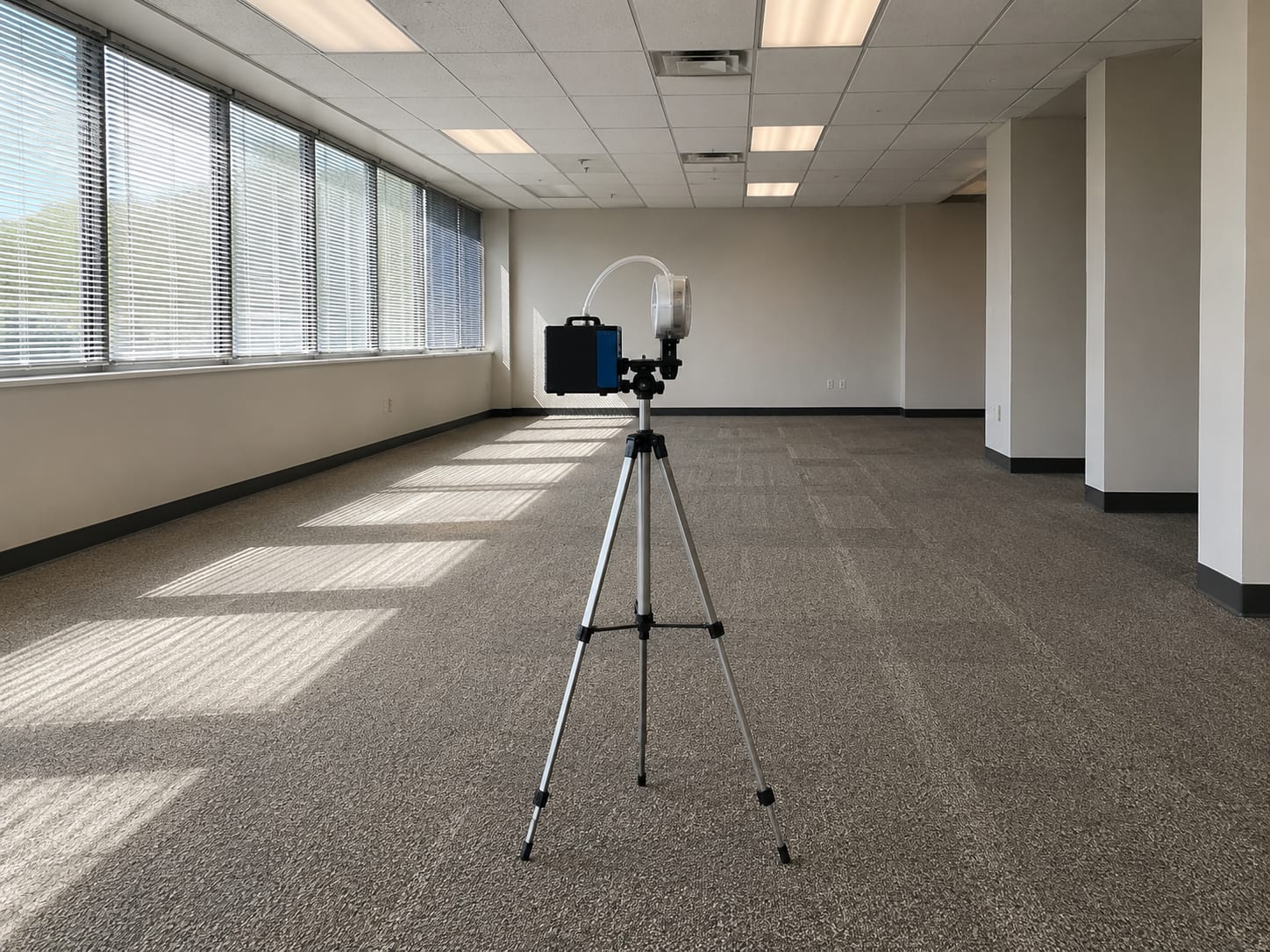 Air sampling pump and cassette mounted on a tripod stand in the center of an empty commercial office space with drop-ceiling tiles and large windows