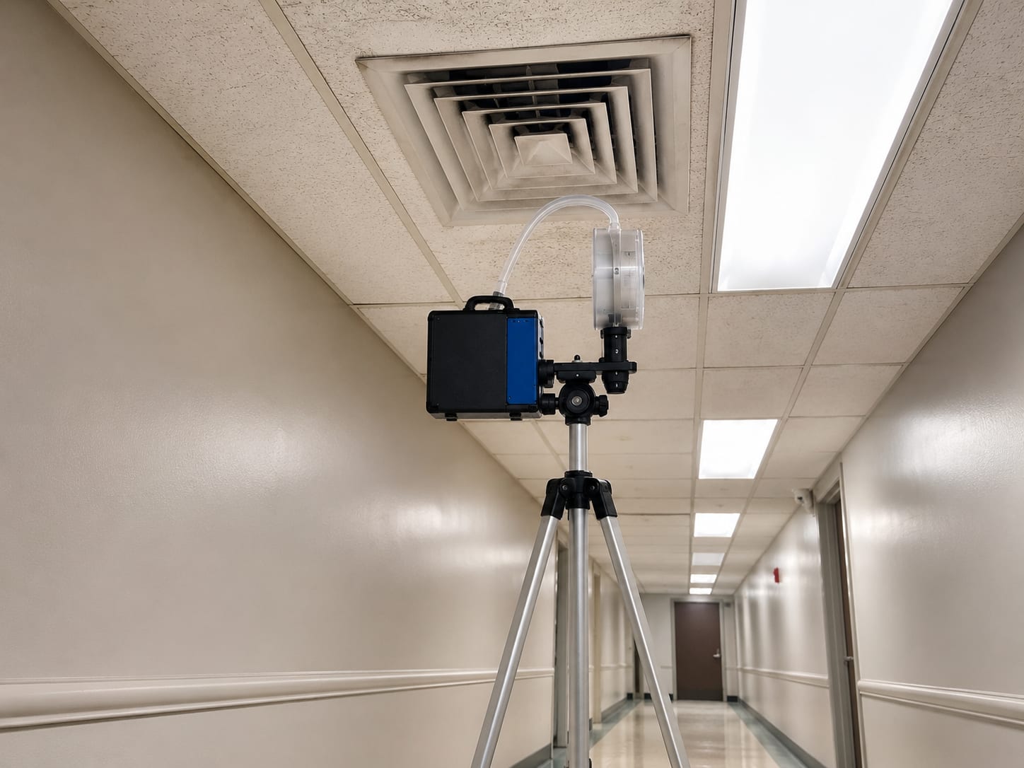 A small air sampling pump on a tripod positioned directly below a ceiling supply air vent in a commercial corridor with fluorescent lighting above