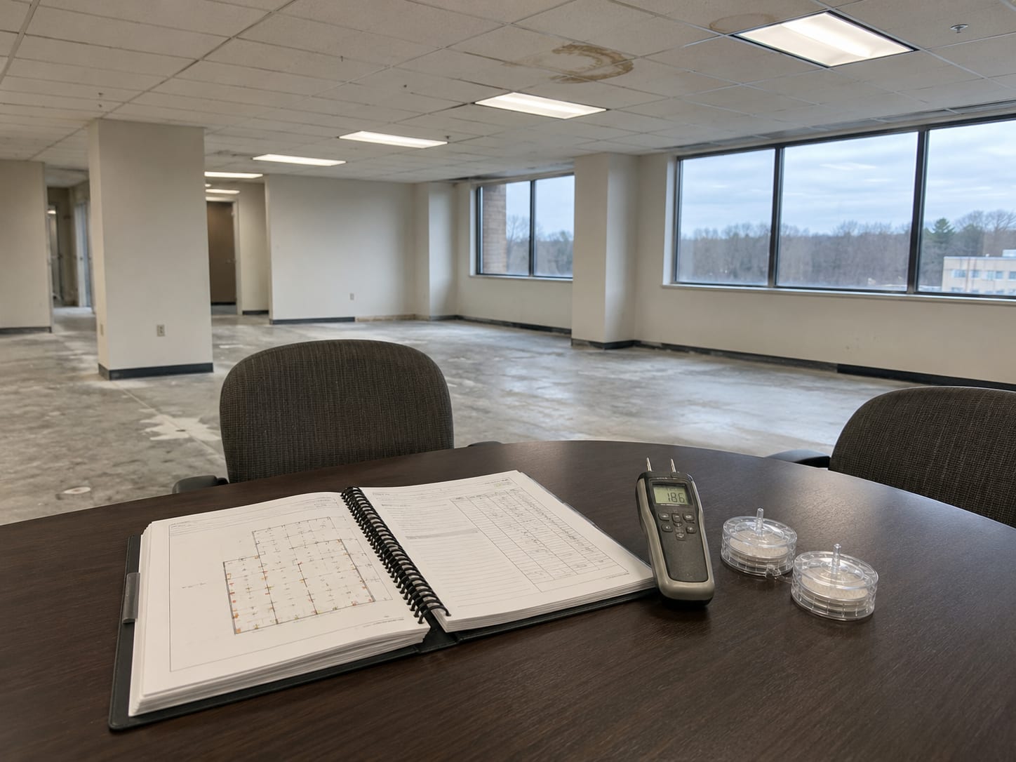 Wide view of a commercial office interior with visible moisture meter readings, a printed inspection binder, and air sampling cassettes arranged on a conference table in a vacant New Jersey suite