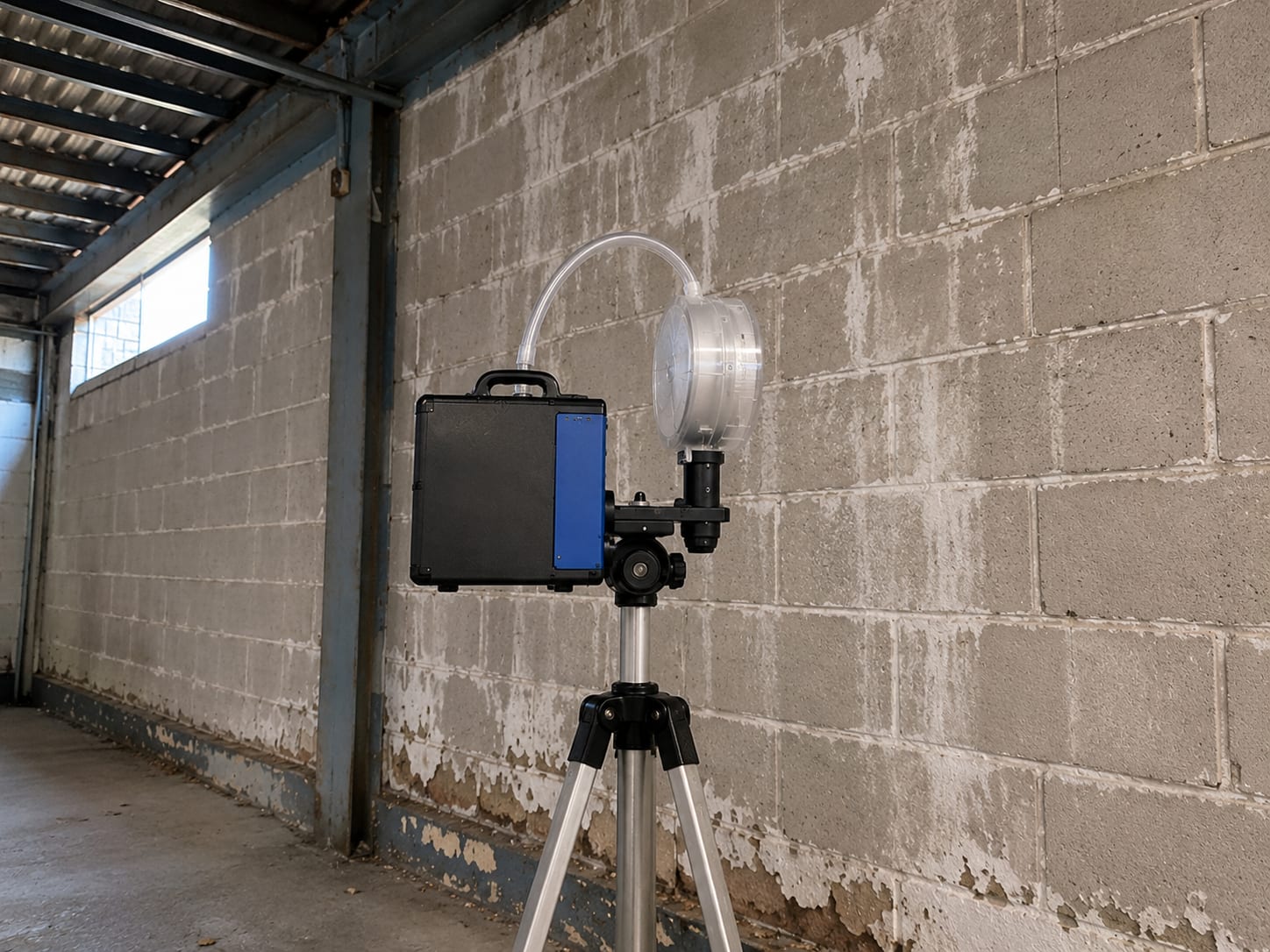 Close-up of an air sampling pump attached to a wall-mounted bracket inside a commercial warehouse bay with exposed steel beams and concrete block walls showing efflorescence