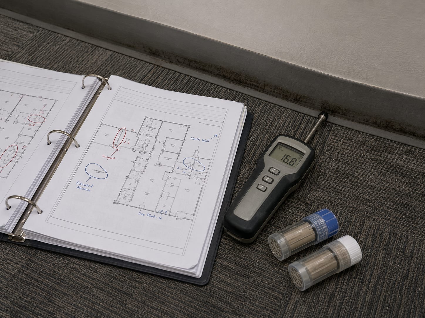 Angled close-up of an open mold inspection report binder beside a digital moisture meter and two labeled air sample cassettes laid on a commercial carpet floor near a baseboard showing slight dark discoloration