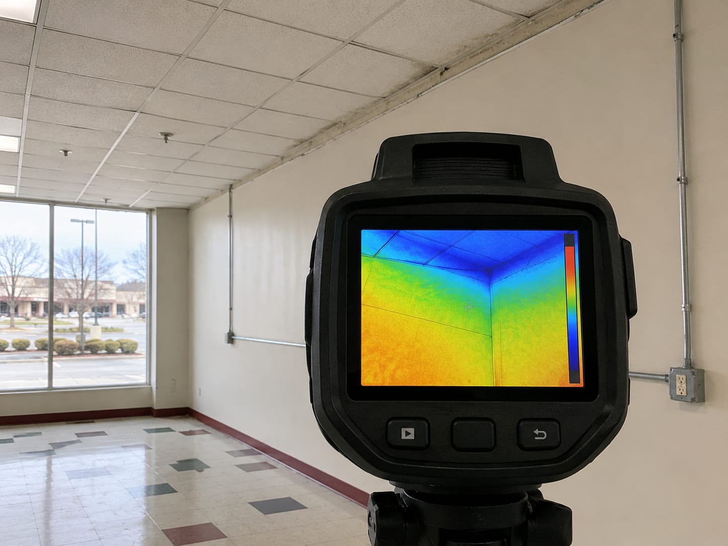 Digital thermal camera display showing a temperature gradient scan of a commercial drop ceiling and upper wall junction inside a vacant New Jersey retail storefront with tile flooring