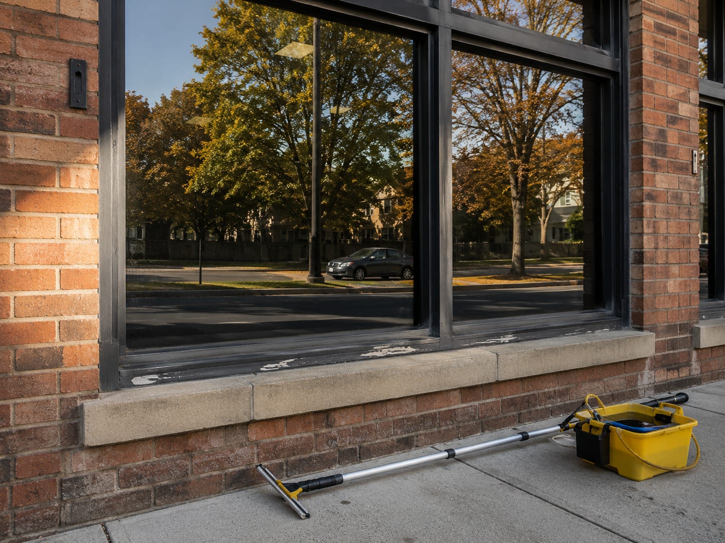 Detail view of streak-free cleaned exterior ground-floor windows on a brick commercial building in New Jersey with a commercial squeegee and bucket visible on the sidewalk below