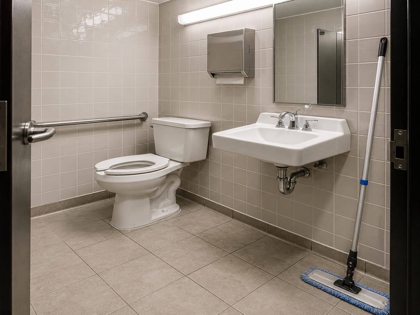 Close-up view of a cleaned commercial restroom showing sanitized porcelain fixtures, scrubbed grout lines on wall tile, and a dry mopped ceramic floor in a New Jersey commercial building
