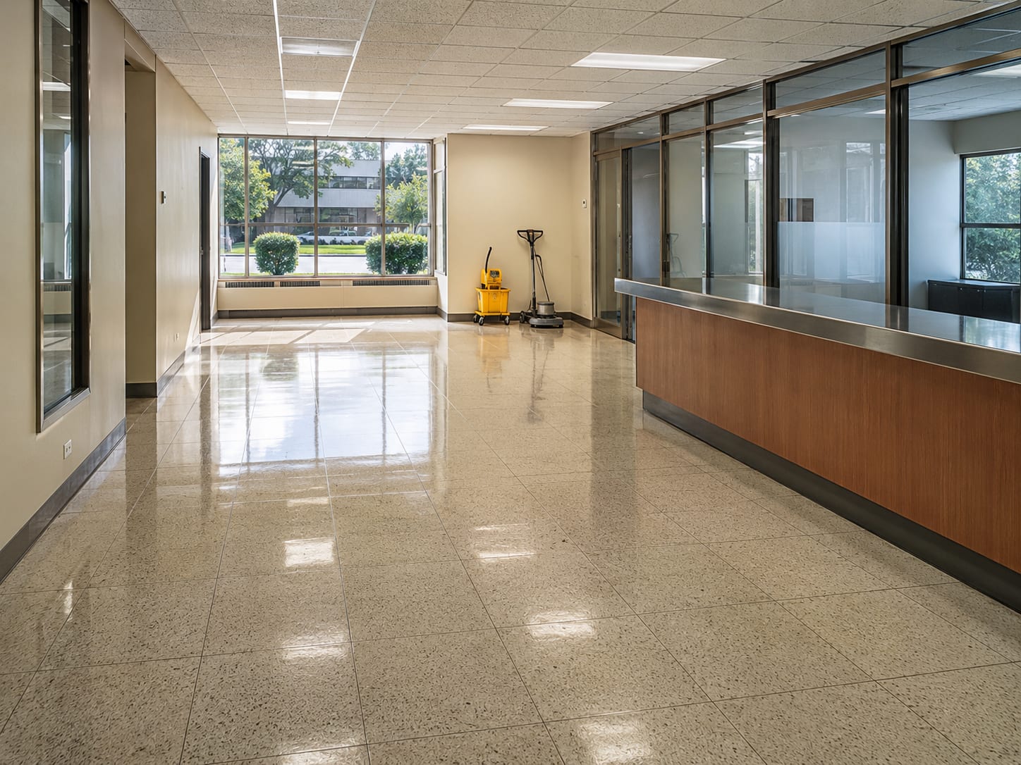 Wide view of a freshly cleaned commercial office lobby with polished tile floors, gleaming reception desk surface, and streak-free glass partitions in a mid-century New Jersey office building