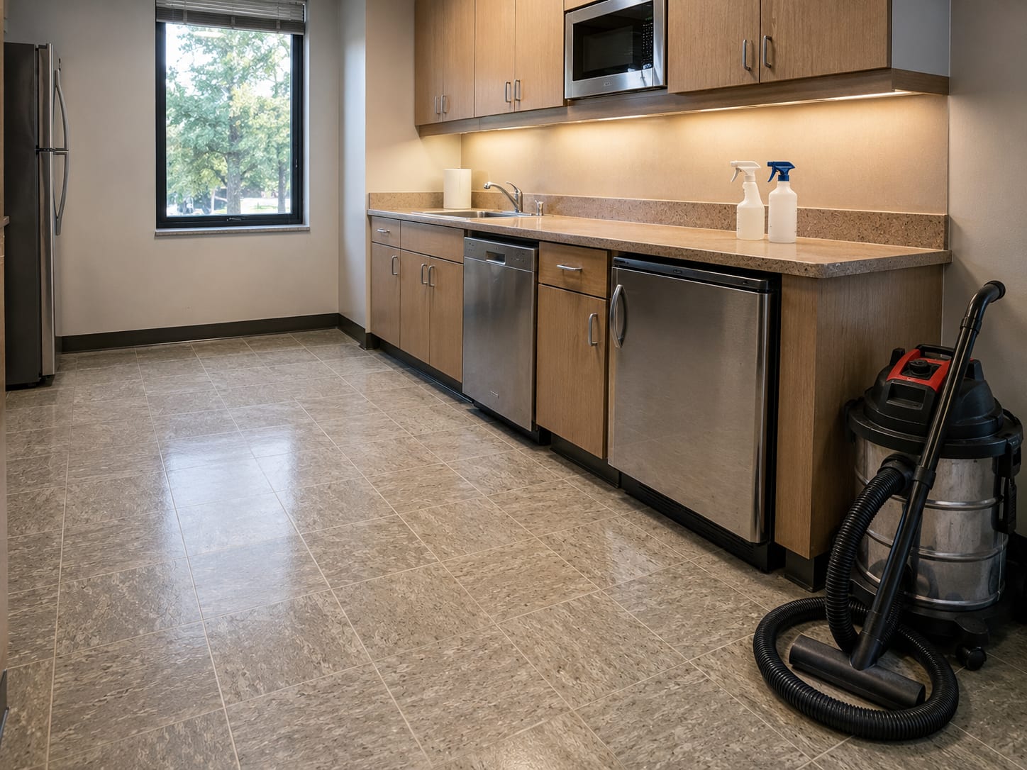 Close view of a commercial break room with scrubbed vinyl composition tile flooring, wiped-down stainless steel appliance surfaces, and clean laminate countertops in a New Jersey office building