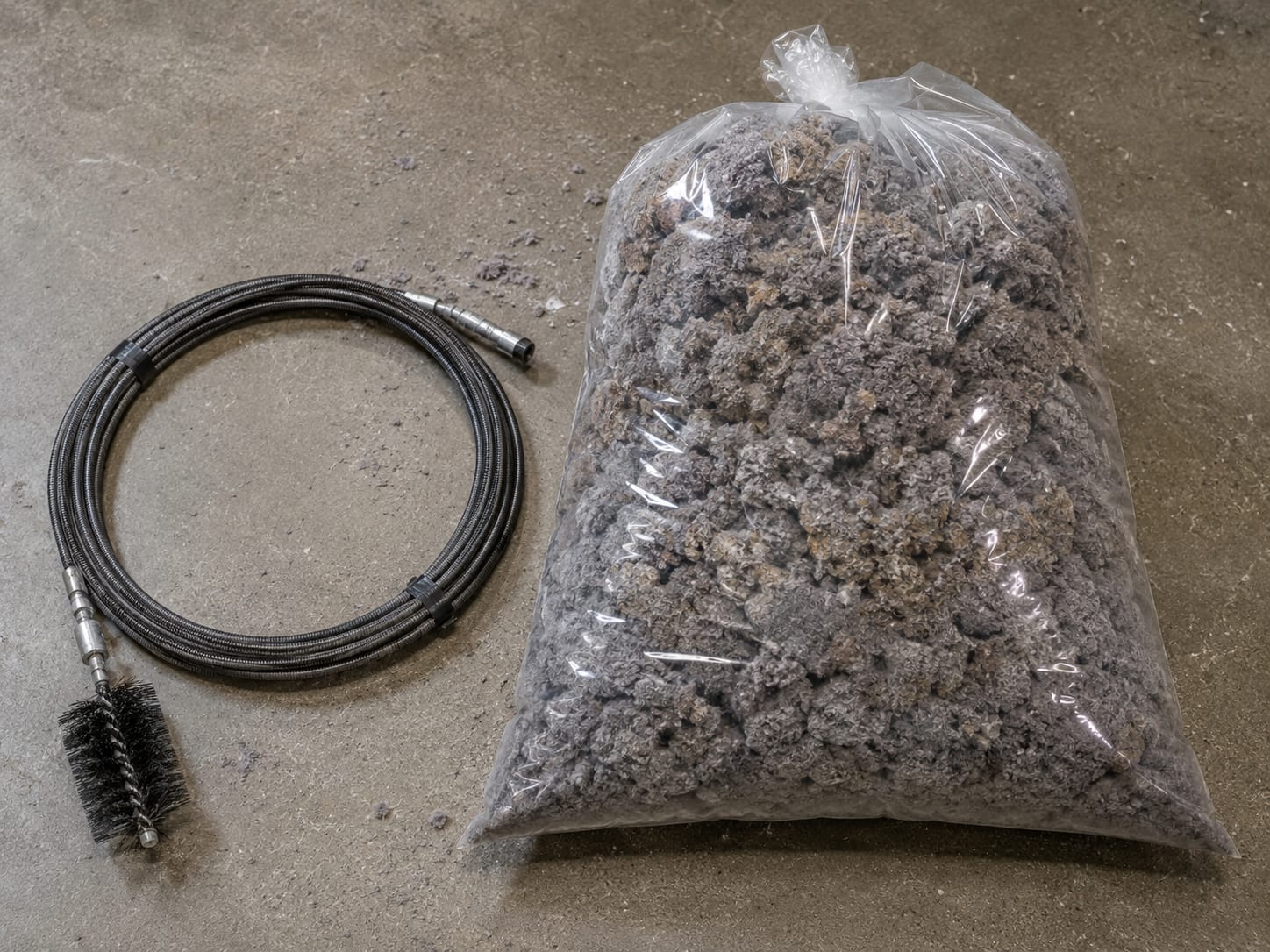 Top-down view of a heavy-duty clear plastic collection bag on a concrete floor filled with dense gray and brown lint debris removed from a commercial dryer vent system, alongside a coiled rotary brush cable
