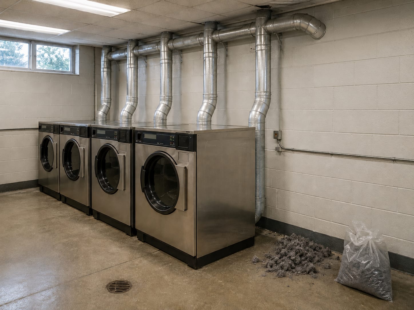 Wide view of a commercial laundry room showing multiple stainless steel dryer units with large flexible aluminum duct runs leading to a cleaned exterior vent termination point on a brick wall