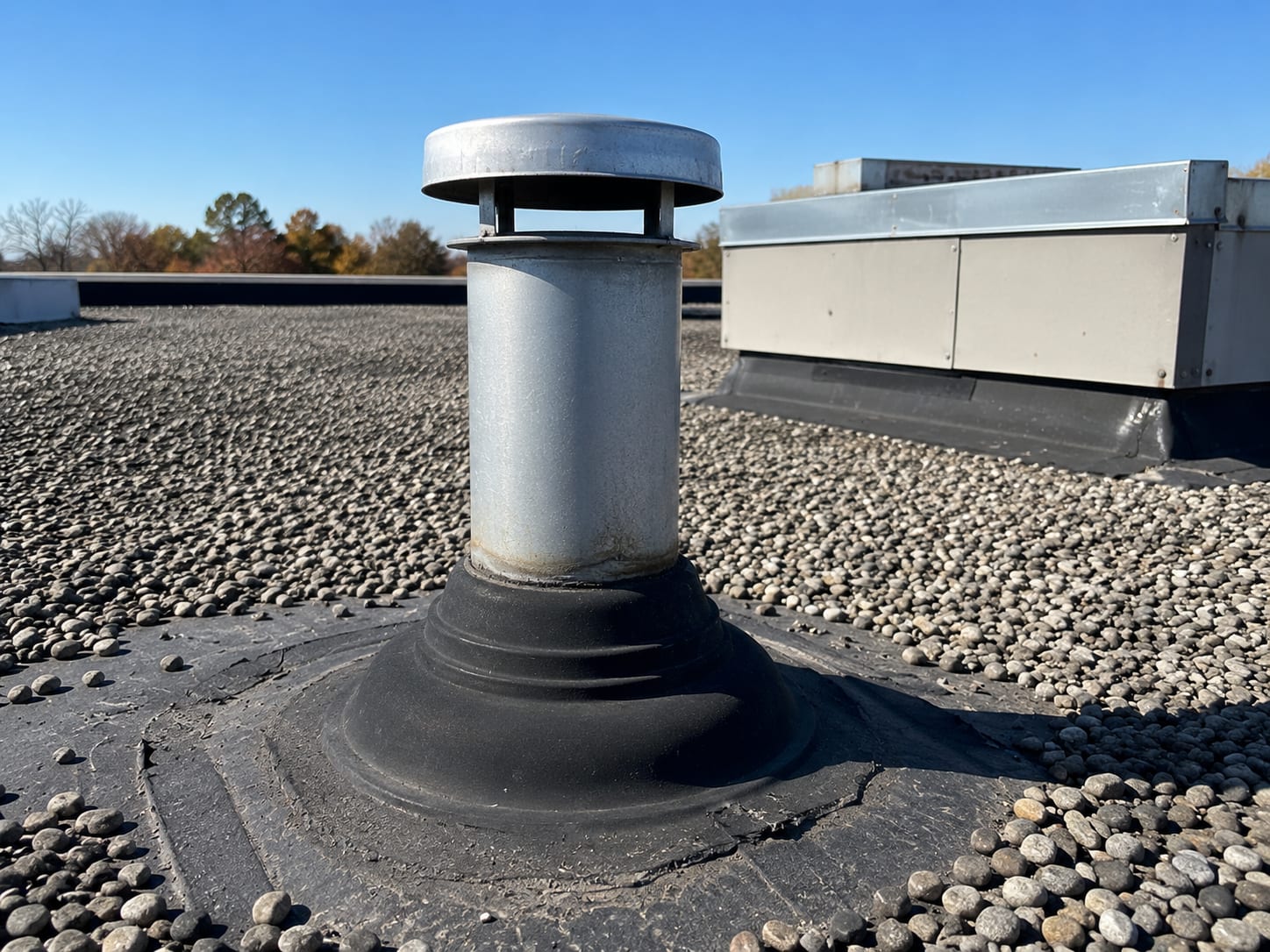 Rooftop view of a flat commercial building in New Jersey showing a cleaned metal dryer exhaust vent stack rising through a rubber flashing boot, with a clear sky and surrounding HVAC equipment visible