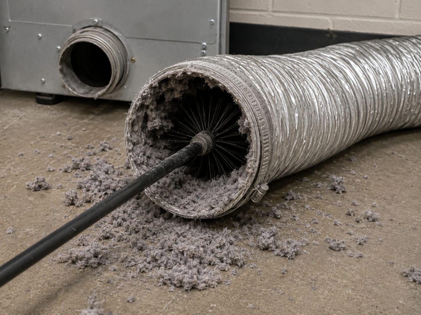 Close-up of a large flexible aluminum dryer duct disconnected from a commercial dryer, showing a rotary brush cleaning rod inserted deep into the duct opening with compacted gray lint visible at the entry point