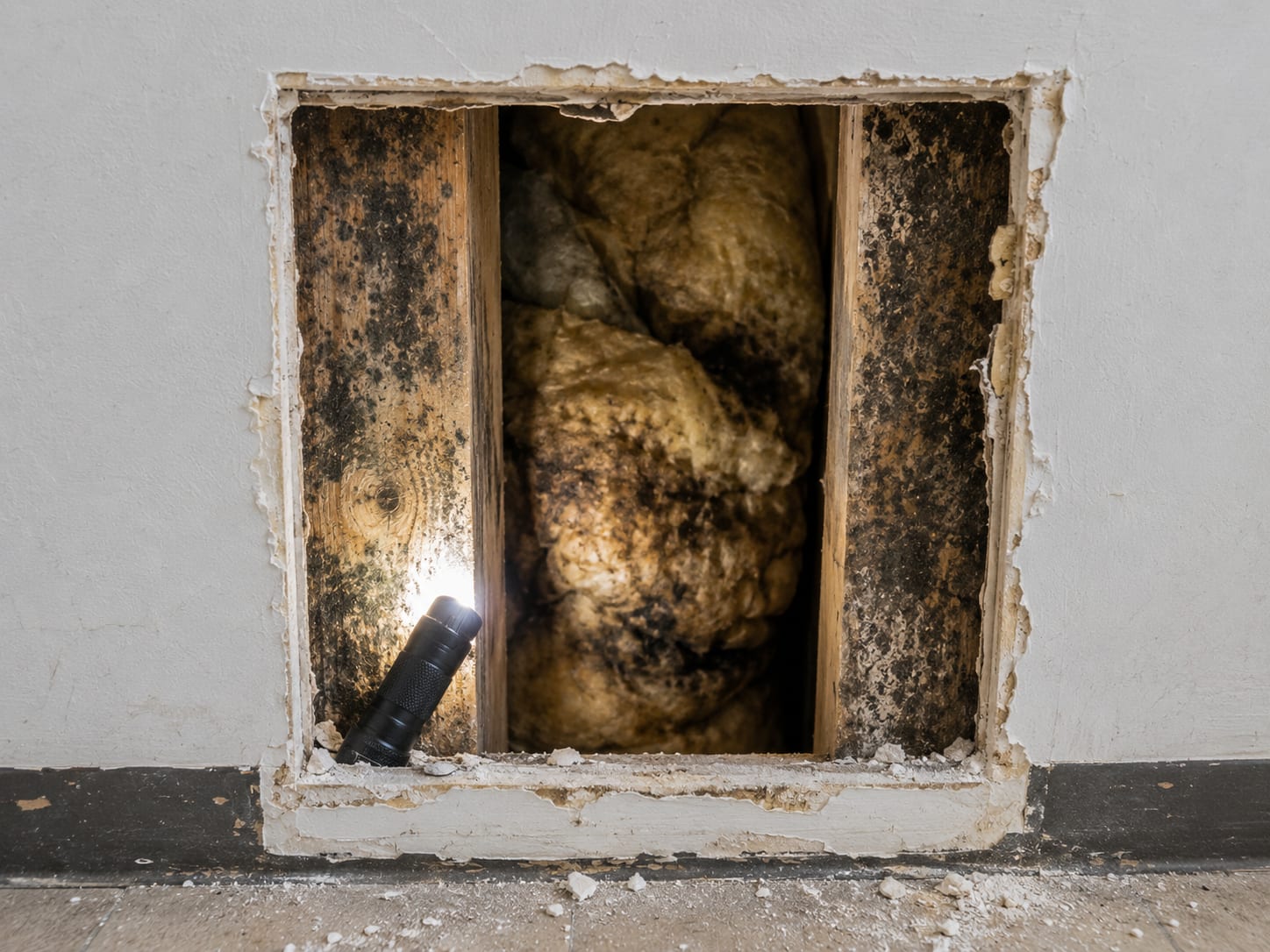 Interior view through a small access opening cut into a commercial drywall panel revealing dark mold growth on wood framing and insulation inside the wall cavity