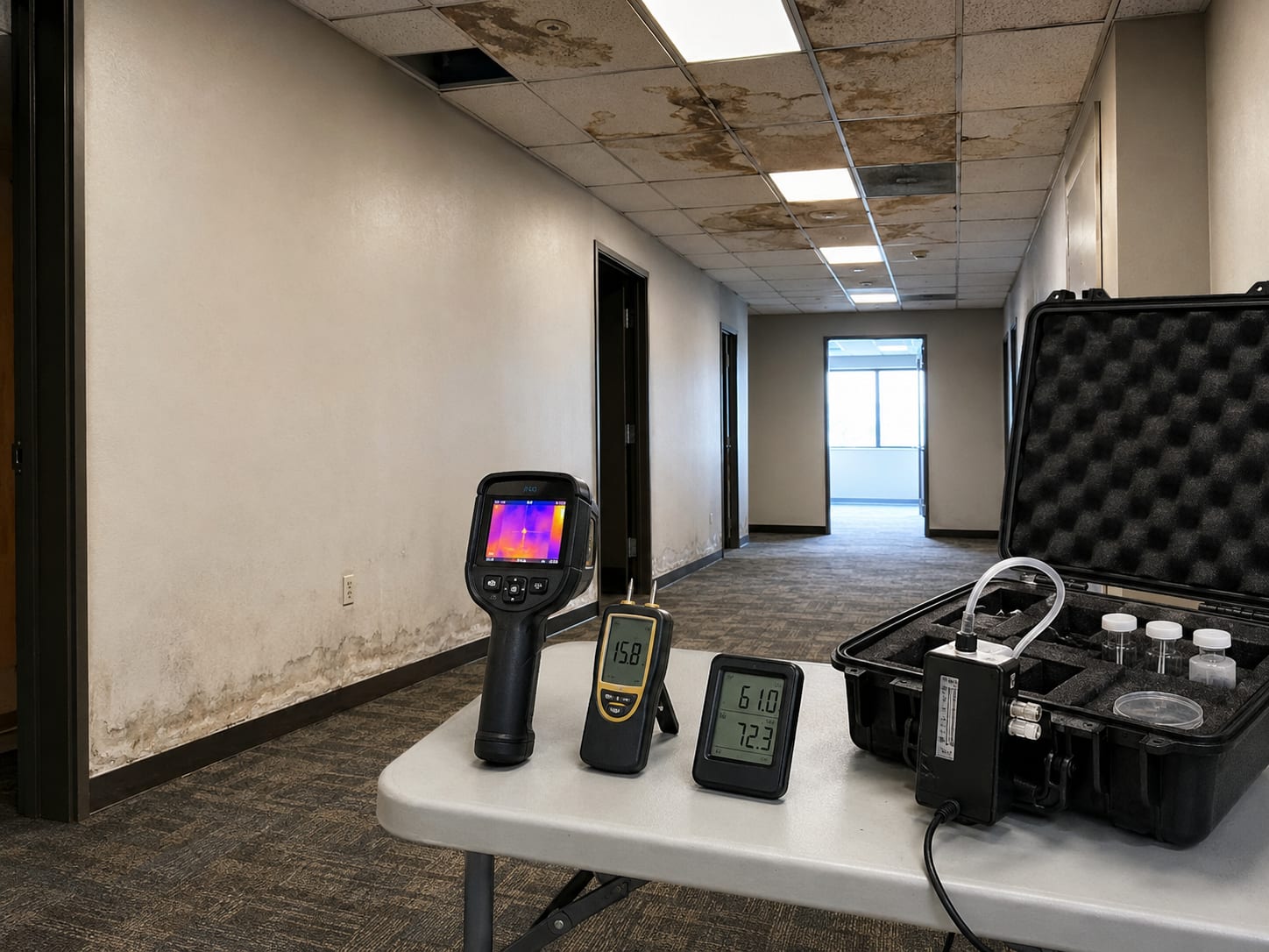 Wide view of a commercial office corridor showing moisture meters and thermal imaging equipment staged near a water-stained drop ceiling in a New Jersey office building