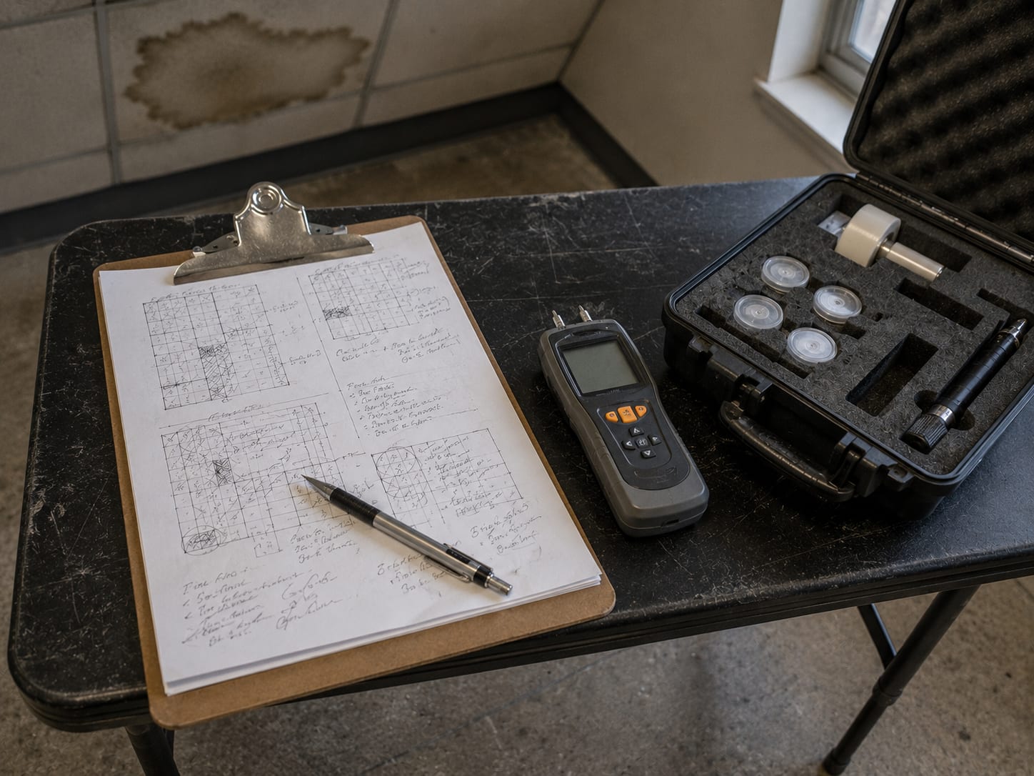 A clipboard holding a mold inspection worksheet resting on a utility table beside a moisture meter and open equipment case inside a commercial building