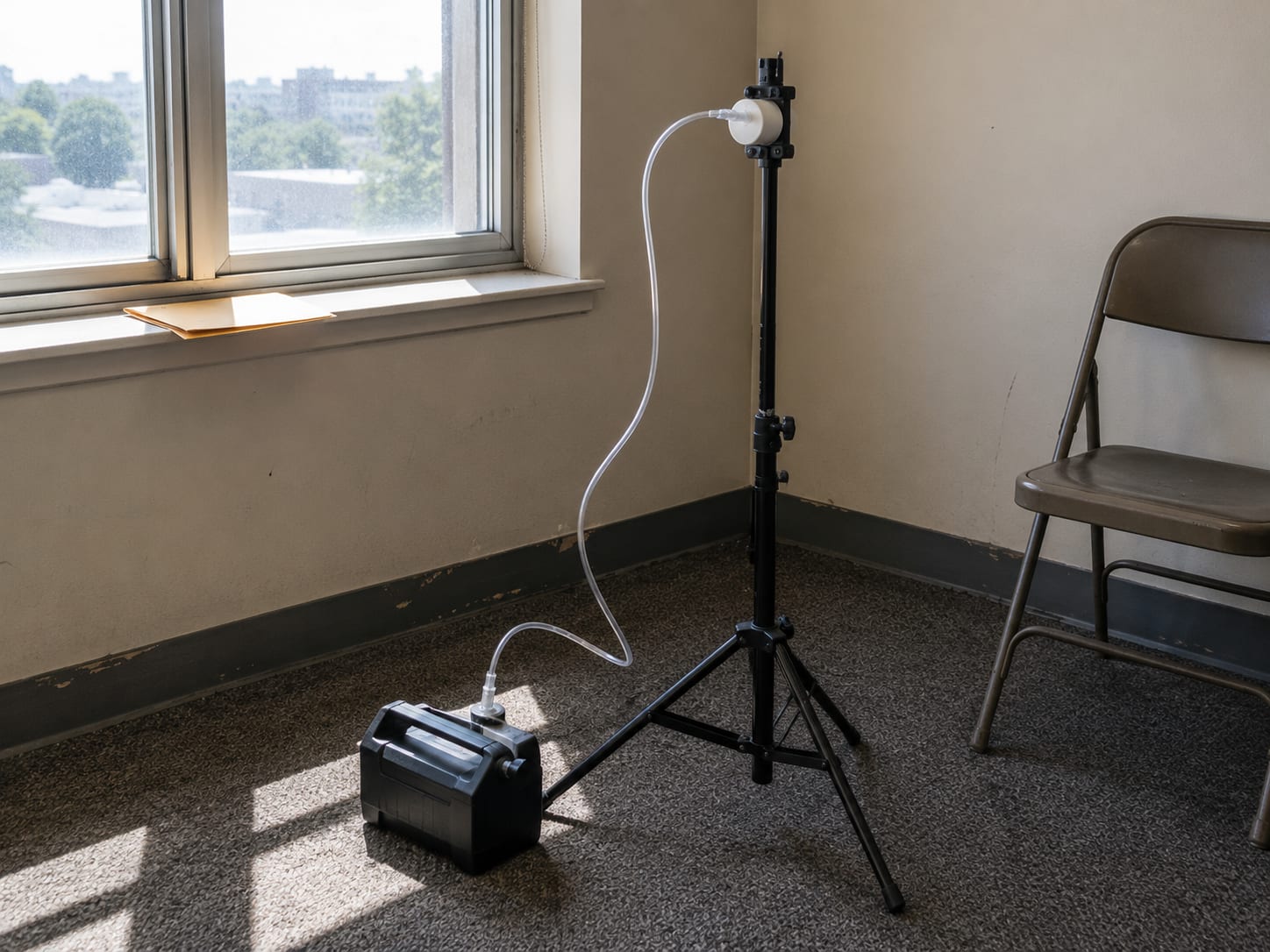 An air sampling pump connected to a cassette vial mounted on a tripod-style stand inside a commercial office space near a window