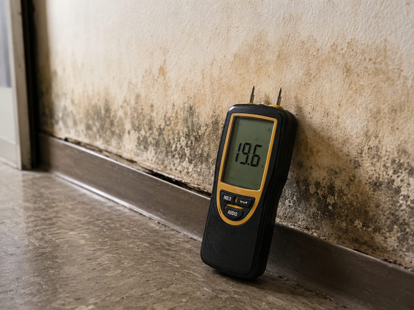 Close-up of a pin-type moisture meter pressed against a visibly discolored commercial drywall surface with mold staining near a baseboard