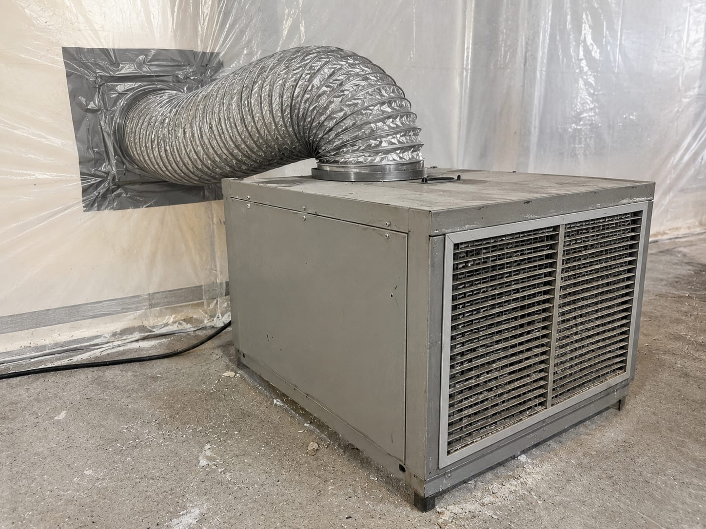 Industrial HEPA negative air machine with flexible exhaust duct running through a hole in polyethylene containment sheeting inside a commercial remediation zone