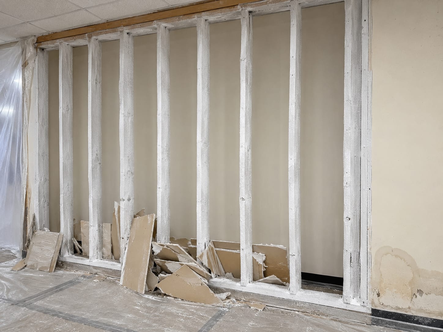 Interior commercial wall framing with drywall fully removed exposing wooden studs sprayed with white antifungal treatment inside a sealed remediation zone