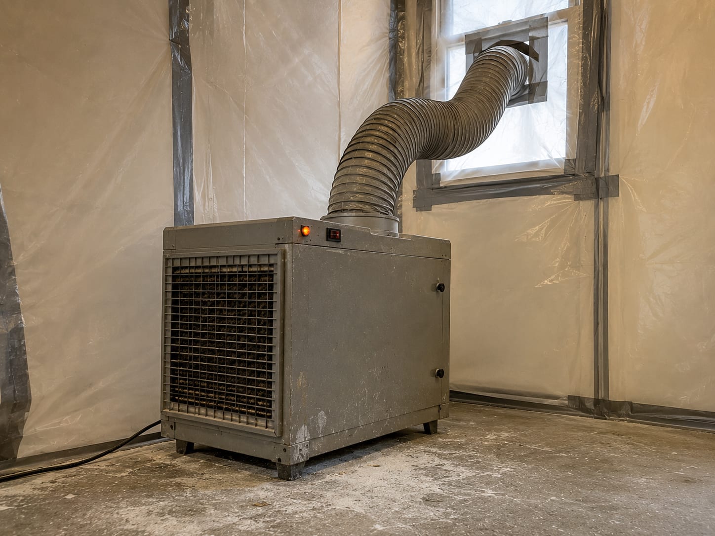 Ground-level view of a HEPA negative-air scrubber unit with exhaust ducting running toward a sealed window opening inside a commercial mold remediation containment zone