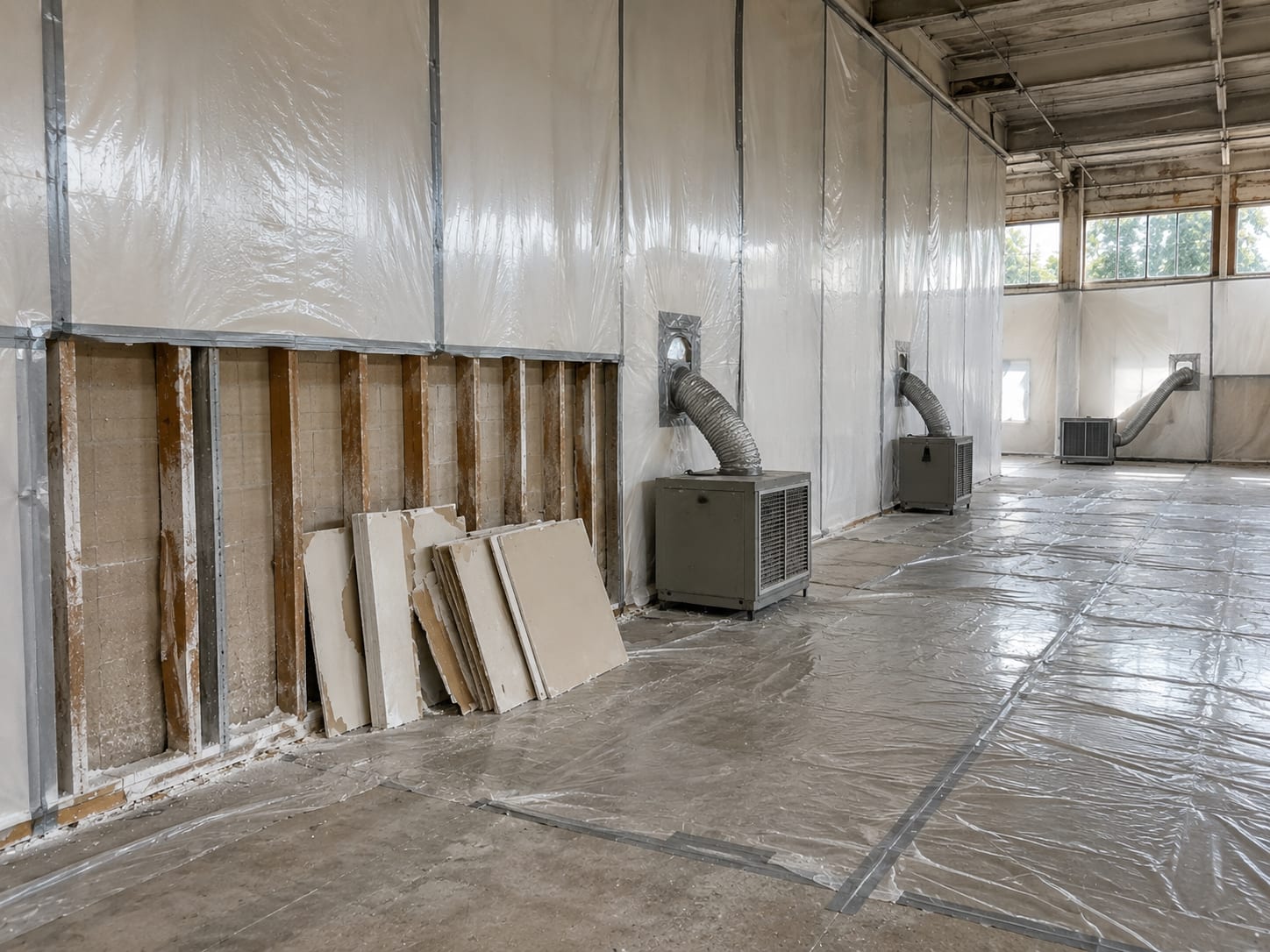 Wide view of a commercial building interior under active mold remediation containment with plastic sheeting and HEPA negative-air scrubbers