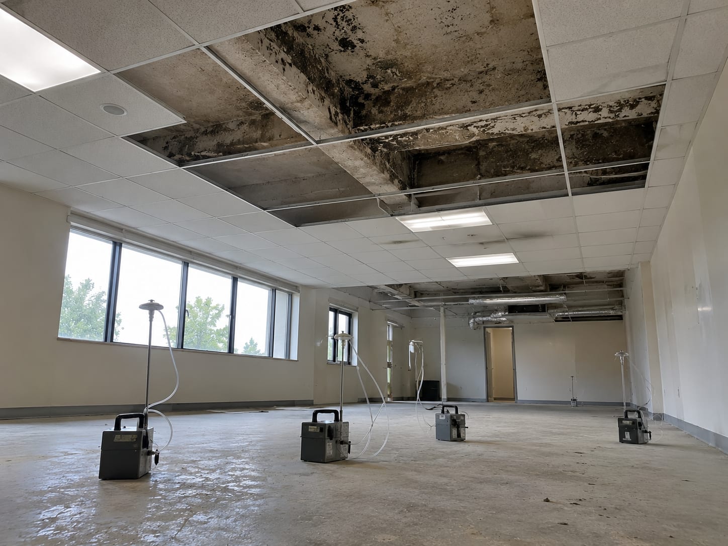Air sampling pumps and cassettes staged on a commercial office floor with visible ceiling tiles removed and moisture staining on concrete above