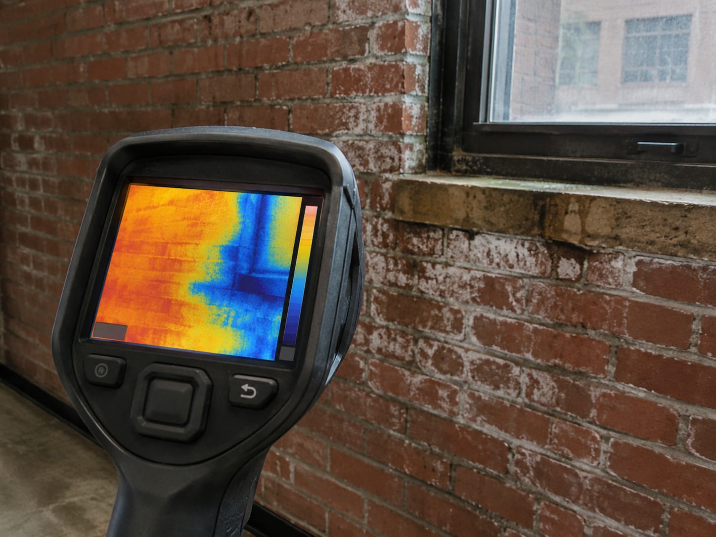 Thermal imaging camera aimed at an interior brick wall of a commercial building showing a thermal gradient display on its screen revealing hidden moisture behind the wall surface near a window frame